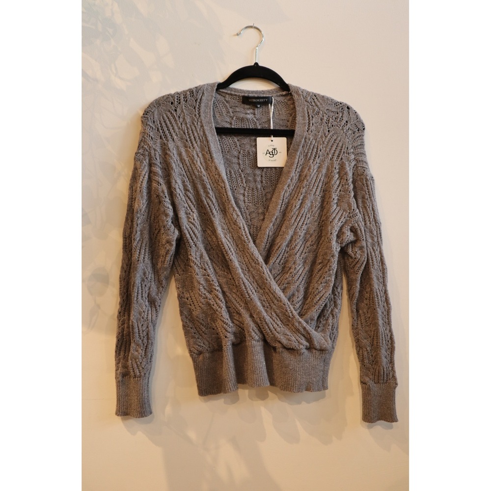 MEROKEETY Womens Grey Cable Knit Wrap V Neck Pointelle Sweater Size M NWT